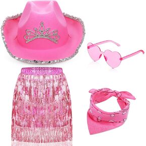 Haysandy 4 Pcs Space Cowgirl Costume for Women Girl Rhinestone Cowgirl Hat Paisley Bandanna Tassel Sequin Skirt Sunglasses