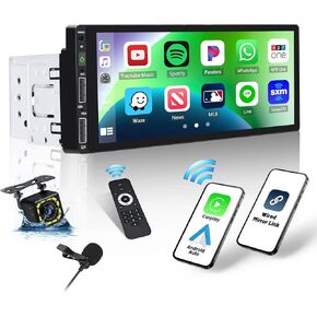Single Din Touchscreen Car Stereo with Wireless Apple CarPlay Android Auto, 6.86 '' Car Radio Audio Receiver with iOS/Android Mirror Link Bluetooth FM SWC EQ USB Multimedia Player + Backup Camera