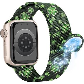 Wipalor Clover Milanese Magnetic Band for Apple Watch Bands for Women 42mm 41mm 40mm 38mm, Lucky Shamrocks St Patricks Day Cute iWatch Bands for iPhone Watch Bands Series 10 9 8 7 6 5 4 3 2 1 SE-Black