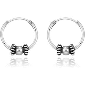AeraVida Vintage Tribal Balinese 14mm Sterling Silver Hoop Earrings | Classic Sterling Silver Huggies Earrings | Vintage Earrings for Women | Small Bali Hoop Earrings Set