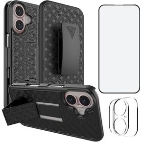 Ailiber for iPhone 16 Plus Case with Belt Clip, iPhone 16+ Holster Case with Screen Protector, Swivel Kickstand Holder, Slim Shockproof Shell Full Body Pouch Phone Cover for iPhone 16 Plus+-Black