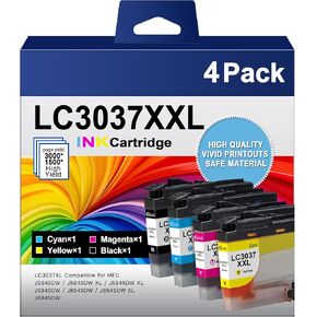 LC3037 XXL Super High-Yield Ink Cartridges Black/Cyan/Magenta/Yellow (4-Pack) Replacement for Brother LC3037 Ink Cartridges LC30374PKS Work for MFC-J5845DW MFC-J6945DW MFC-J6545DW MFC-J5945DW Printer