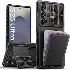 for Samsung Galaxy S25 Ultra Case with Card Holder & Kickstand & Slide Camera Lens Cover, Silicone Edge Protection Rugged Heavy Duty Phone Case Cover for Galaxy S25 Ultra 5G, Black