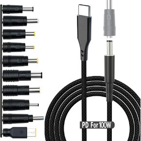 USB C to DC Adapter,Universal Charger Supply 100W PD Power Cable & 5.5x2.1mm Round Barrel Jack,with 10PCS Power Plug Kit,for Toshiba Samsung Acer Asus Lenovo Dell HP Laptop Charging Connector
