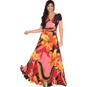 KOH KOH Womens Cap Sleeves Floral Print V-Neck Summer Elegant Long Maxi Dress in Kuwait
