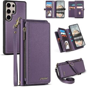 for Wallet Case Compatible with Samsumg Galaxy S25 Ultra Multi-Function Detachable 2 in 1 Magnetic Phone Case Wallet,Flip Strap Zipper Card Holder Phone Case with Shoulder Straps (Purple)