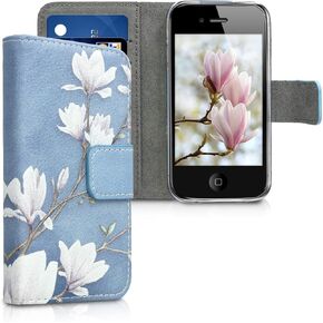 kwmobile Wallet Case Compatible with Apple iPhone 4 / 4S Case for Phone - Magnolias Taupe/White/Blue Grey