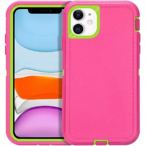CAFEWICH for iPhone 11 Case, Heavy Duty Shockproof 3-Layer Full Body Protective High Impact Tough Hybrid Rubber Rugged Durable Phone Cover for iPhone 11 6.1'' - Hot Pink Green