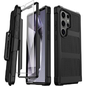 for Samsung Glaxy S24 Ultra Case, [Screen Protector] Heavy Duty Military Grade Drop Protection Shockproof Phone Case for Samsung Glaxy S24 Ultra with Kickstand & Belt Clip Holster (Black)