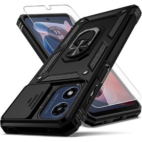 for Moto G Play 2024 Case,with Camera Lens Cover HD Screen Protector,[Military Grade] Ring Car Mount Kickstand Hybrid Hard PC Soft TPU Shockproof Protective Case for Moto G Play 4G 2024, Black