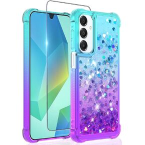 for Galaxy A16 5G Case: Clear Glitter Flowing Liquid Quicksand Shockproof Corner Phone Case for Samsung Galaxy A16 5G with Tempered Glass Screen Protector -TealPurple