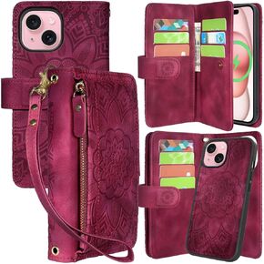 Harryshell for iPhone 15 / iPhone 14 / iPhone 13 Detachable Magnetic Case Wallet,Compatible with Magsafe Wireless Charging, [Theft-Scan Blocking] Card Slots, Cash Zipper Strap (Floral Blue Green)