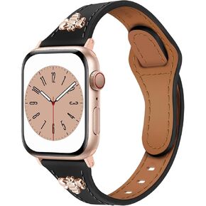 Slim Leather Bands with Charms Women Compatible with Apple Watch Band 38mm 40mm 41mm 42mm (S10) Top Genuine Leather bees Strap Thin Wristband for iWatch Series 10/9/8/7/6/5/4/3/2/1/SE/Ultra