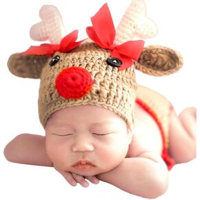 Ylsteed Newborn Photography Outfits - Girl & Boy Photoshoot Sets - Christmas Reindeer Props - Crochet & Knit Set