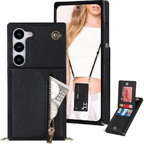Crossbody Women Wallet Case لـ Samsung Galaxy S23 Plus مع حامل البطاقة ، وغطاء محفظة حبل الكتف القابل للإزالة لـ Samsung Galaxy S23 Plus Zipper Phone Case Black