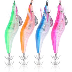 Squid Jig, Fishing Lures Fishing Squid Lure Saltwater Squid Hook 3D Floating Squid Bait Luminous Shrimp Lure Hook Squid Jig Hook Fake Prawn Glow Bait Fishing Tackles Glow in Dark Deep Diver Lures