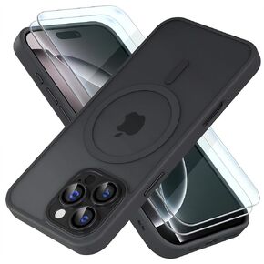 Misea Magnetic for iPhone 16 Pro Max Case Compatible with Mag Safe [Military Grade Drop Protection] [2 x Tempered Glass Screen Protectors] Translucent Matte Phone Case for Men Women, Black