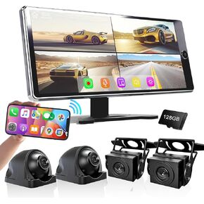 ASLONG 10.36" Wireless Apple CarPlay Screen for Car & 4K 4CH Dash Cam with Android Auto, Portable HD Touchscreen Car Stereo with 1080P Backup Camera, GPS Navigation Mirror Link for Semi Trailer Truck