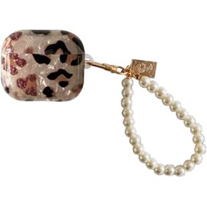 Glitter Leopard Shell Design for AirPods 4 (2024) with Pearl Wrist Chain Keychain,Sparkle Bling Pretty Cute Protective Cover for Women Girls,for AirPods 4th Generation