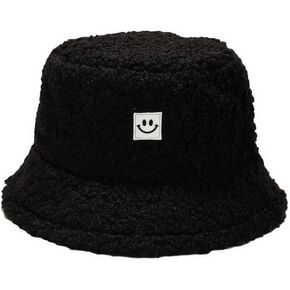 1 ONEFIT Unisex Winter Bucket Hat Smile Face Bucket Caps Cute Smiley Embroidered Faux Fur Fluffy Winter Warm Travel Hat