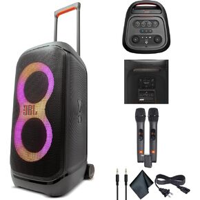 JBL PartyBox Stage 320 240W Portable Wireless Speaker, 18 Hour Battery, Splash Proof (JBLPARTYBOX320AM) + Wireless Two Microphone System with Receiver + AUX Cable + Microfiber Cloth