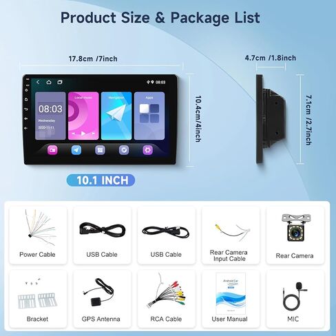 Android Car Radio 10.1 بوصة مع Bluetooth ، رابط المرآة ، راديو سيارة شاشة مزدوجة Dino Din Din مع GPS ، WiFi ، DSP FM RDS Radio ، USB ، SWC مع كاميرا احتياطية in Kuwait