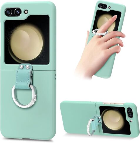 Galaxy Z Flip 5 Case with Ring Holder [2 x Tempered Glass Outer Screen Protectors] Shockproof Samsung Galaxy Z Flip 5 Case Glitter Kickstand Ultra Thin Matte Hard PC Skin Cover,Green in Saudi Arabia