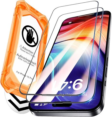 Bazo for iPhone 15 Pro Screen Protector - [Military Grade Shatterproof & 9H+ Hardness] حامي الشاشة غير القابل للكسر 15 Pro Pro Glass 9D حماية تغطية كاملة ، [إزالة التلقائي] سهلة التثبيت ، 2 حزم in Kuwait