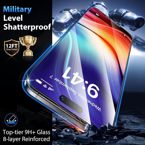 Bazo for iPhone 15 Pro Screen Protector - [Military Grade Shatterproof & 9H+ Hardness] حامي الشاشة غير القابل للكسر 15 Pro Pro Glass 9D حماية تغطية كاملة ، [إزالة التلقائي] سهلة التثبيت ، 2 حزم in Kuwait
