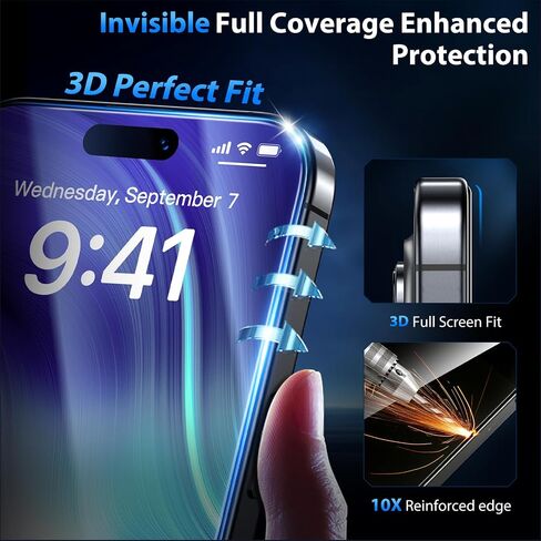 Bazo for iPhone 15 Pro Screen Protector - [Military Grade Shatterproof & 9H+ Hardness] حامي الشاشة غير القابل للكسر 15 Pro Pro Glass 9D حماية تغطية كاملة ، [إزالة التلقائي] سهلة التثبيت ، 2 حزم in Kuwait