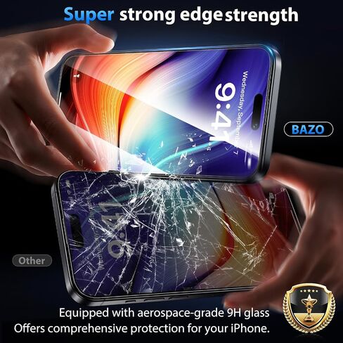Bazo for iPhone 15 Pro Screen Protector - [Military Grade Shatterproof & 9H+ Hardness] حامي الشاشة غير القابل للكسر 15 Pro Pro Glass 9D حماية تغطية كاملة ، [إزالة التلقائي] سهلة التثبيت ، 2 حزم in Kuwait