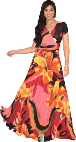 KOH KOH Womens Cap Sleeves Floral Print V-Neck Summer Elegant Long Maxi Dress in Kuwait
