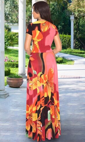 KOH KOH Womens Cap Sleeves Floral Print V-Neck Summer Elegant Long Maxi Dress in Kuwait