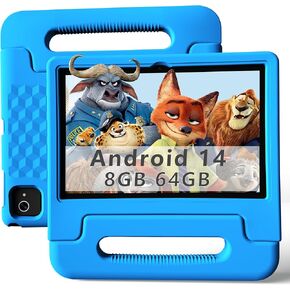 10.1-Inch Kids Tablet, 4GB+64GB, Android 14, 8-Core CPU, Educational Apps, Parental Controls, WiFi, 1280x800 HD Display, Cameras, Shockproof, Long Battery Life