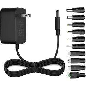 12V 2A AC Adapter Charger with 10 Connectors, 12 Volts 2A 1.5A 1A 0.5A Power Supply Cord for LED Strip Light, CCTV Camera, Speaker, GPS, Webcam, Router and More, FCC & UL Certified (5ft)