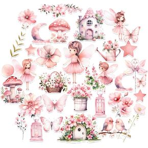 Cute Pink Stickers for Kids Teens Girls Waterproof Fairy Flower Animal Decals for Water Bottles Scrapbook Journal Gift Box Decorations