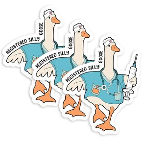 Set 3Pcs Registered Silly Goose Sticker Funny Goose Nurse Nursing Mental Health Humor Bookish Hard Hat Waterproof 3 Inches Die-Cut Vinyl for Water Bottle Laptop Phone for Friend Coworker Dad Mom