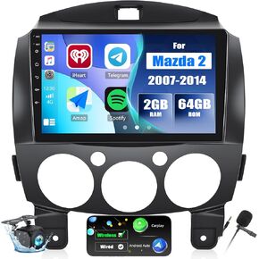 2+64G Android 13 Car Stereo for Mazda 2 2007-2014 with Wireless Carplay Android Auto, 9" Touchscreen Car Radio with WiFi GPS Navigation Bluetooth EQ FM RDS SWC + Backup Camera