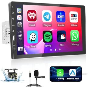 9 Inch Single Din Radio with Carplay iOS/Android Auto Mirror Link HD IPS Touch Screen, Bluetooth Car Stereo Supports FM/AM Radio SWC, Car Audio Receivers with Waterproof Backup Camera USB Input EQ
