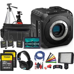 Panasonic Lumix BGH1 4K Box Cinema Camera (DC-BGH1) + Mic System + 2 x 128GB Memory Card + Monitor + Pro Headphones + Case + LED Light + Tripod + Flexible Tripod + Cleaning Kit + HDMI Cable + More