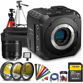 Panasonic Lumix BGH1 4K Box Cinema Camera (DC-BGH1) + Panasonic 9mm f/1.7 Lens + 128GB Memory Card + Case + LED Light + Tripod + Flexible Tripod + Cleaning Kit + HDMI Cable + Lens Filter Kit + More