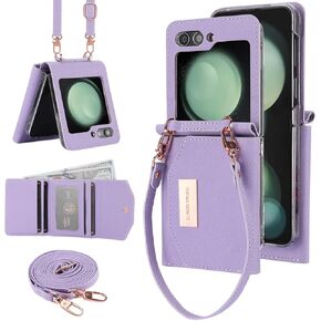 for Samsung Galaxy Z Flip 5 Wallet Case with Built-in Leather Cash Slot and Credit Card Holder. Wristlet Strap and Hinge Protection, Carrying Handbag Phone Case for Women Ladies.(Purple)