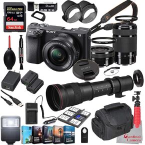Sony Alpha a6400 Mirrorless Camera with 16-50mm and 55-210mm Lenses Bundle + Extreme Speed 64GB Memory + T-Mount 420-800mm Telephoto Zoom Lens (33 Items)