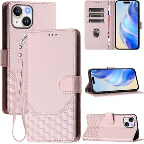 for iPhone 13 Wallet Case/iPhone 14 Wallet Case for Women,RFID Blocking Card Holder Slots,Wrist Strap,Shockproof TPU Inner Case,Stand PU Leather Protective Flip Cover for iPhone 14/13 -Pink