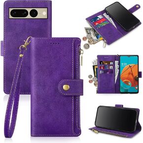 Antsturdy Compatible with Google Pixel 7 Pro Wallet Case [RFID Blocking] [Zipper Poket] PU Leather Flip Book Protective Cover with Slots Magnetic Clasp Credit Card Holder Kickstand Men Women(Purple)
