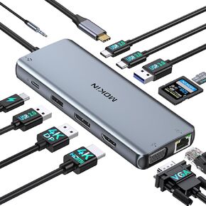 USB C Docking Station Dual Monitor,Laptop Docking Station 3 Monitors,MOKiN 12 in1 USB C Dock Hub Multiport Adapter with 4K HDMI+DisplayPort+VGA,100W PD,4 USB Ports,Ethernet,SD,Audio for Dell/HP/Lenovo
