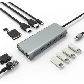 11-in-1 USB C Docking Station with HDMI, SD/TF, USB 2.0, USB 3.0, VGA, RJ45 Ethernet Ports++100W PD, Triple Display or Dual Monitor with 2 HDMI +VGA,for Dell/HP/Lenovo/Surface/MacBook Laptop