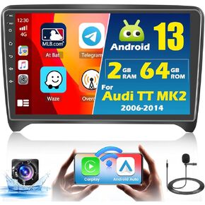 [2+64G] Hikity Android 13 Car Stereo for Audi TT MK2 (8J) 2006-2014, 9'' Touch Screen Car Radio with Wireless CarPlay Radio Android Auto GPS Mirror Link WiFi Backup Camera Bluetooth DSP