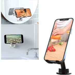 Shower/Mirror/Wall/Desktop Phone Holder/Stand-Rotation Sticking Fixed Mount Lazy Magic Device for Bathroom/Kitchen/Wall,Compatible with Ipad Phones,Gift for TikTok/YouTube/Make Up(Black)