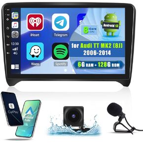8 Core 6+128G Car Radio for Audi TT MK2 2006 2008 2009 2010 2011 2012 2013 2014 with Wireless Carplay Android Auto, Hikity 9 Inch Android 13 1280 * 720 Touch Screen Bluetooth 5.0 Stereo with DSP GPS